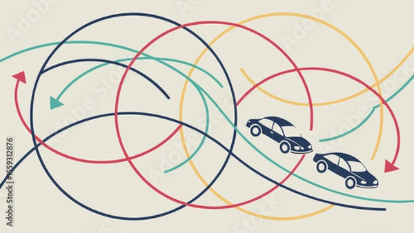 Fototapeta Two Cars with Colorful Circular Paths and Arrows Illustration.
