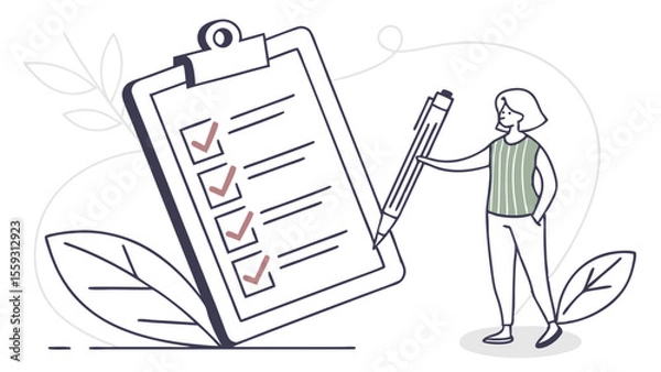 Fototapeta Woman Completing Checklist on Clipboard with Pen Task Management Illustration.