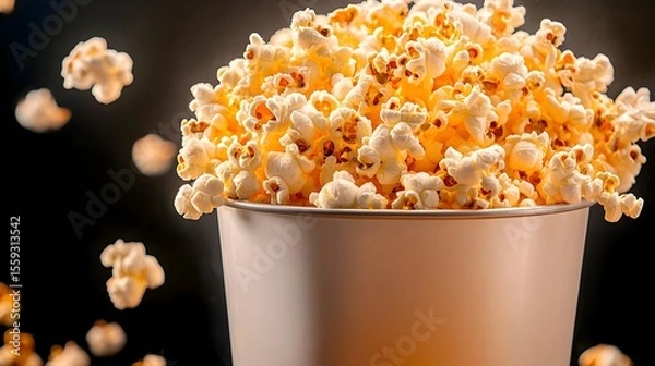 Fototapeta Popcorn overflowing bucket, dark background, movie snack
