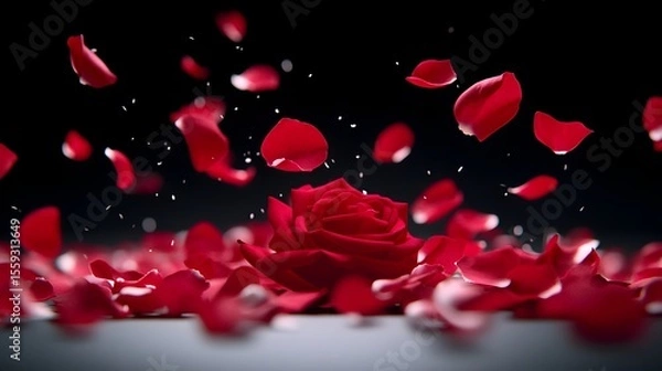 Fototapeta Red rose, petals falling, dark background, romantic scene