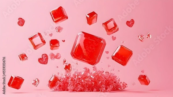 Fototapeta Red Crystals Exploding on Pink Background