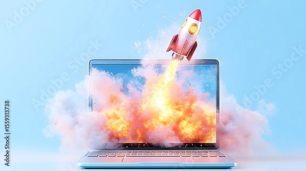 Fototapeta Rocket launching from laptop screen, blue background, startup concept