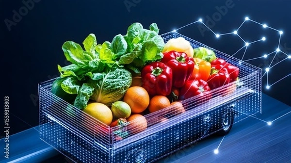 Fototapeta Smart cart delivers fresh produce; network background