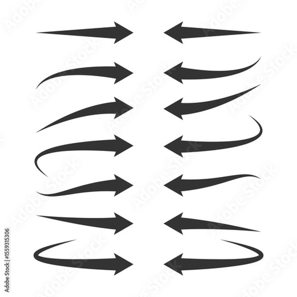 Fototapeta Set of black curved dynamic black arrows. Minimal Isolated arrow icons for infographic, presentation, social media, UX design, highlighting, navigation, diagram, business educational visual, pointer