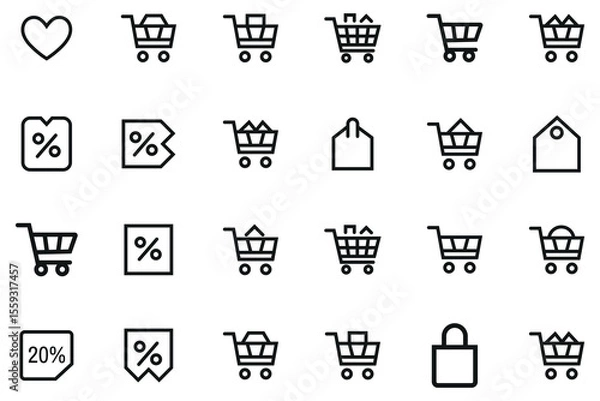 Fototapeta E-commerce Shopping Cart Line Icons – Discount, Tag, Sale Badge, Checkout, Secure Purchase Symbols