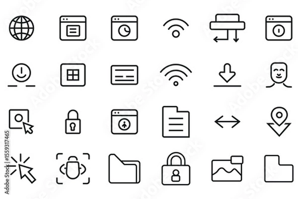 Fototapeta Minimalist Line Art UI Icons Set – 24 Clean Vector Symbols for Web, App, Tech, Network & Security