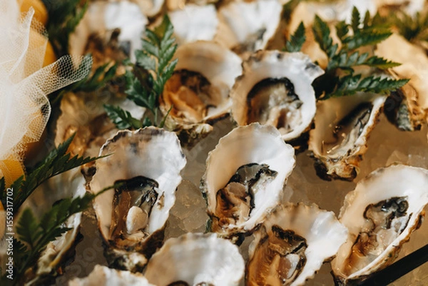 Fototapeta Fresh Oysters on Ice with Garnish
