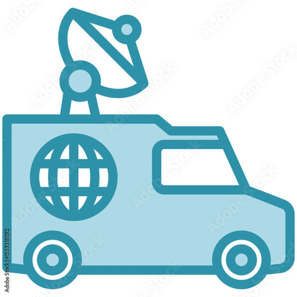 Fototapeta Broadcast Van dual tone blue color mini illustration icon, use for journalist, broadcasting, news and media UI, UX kit, app and web development, digital or print.