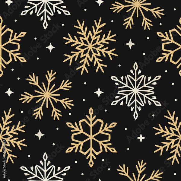 Fototapeta Elegant seamless Christmas pattern with golden snowflakes creates winter magic. Elegant seamless Christmas pattern showcases shining golden snowflakes and twinkling stars on black background.