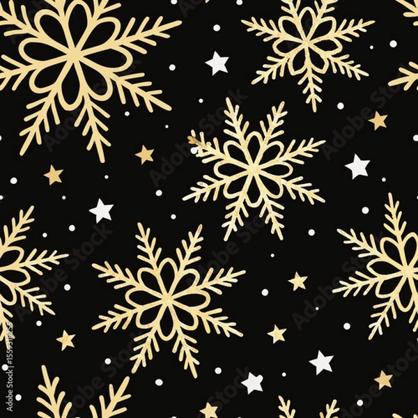 Fototapeta Elegant seamless Christmas pattern on black background shows golden snowflakes and stars, perfect for festive designs.