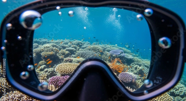Obraz Underwater perspective through a diving mask exploring a vibrant tropical coral reef