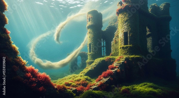 Obraz Submerged ancient castle ruins blanketed in vibrant marine life deep within the ocean