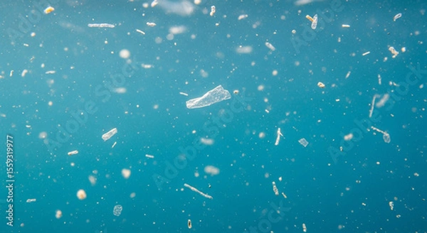 Obraz Microscopic plastic debris contaminating pristine deep blue water environment causing global