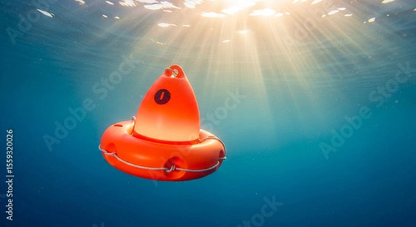 Obraz Bright Orange Buoy Floating Submerged in Clear Blue Water Illuminated by Sun Rays