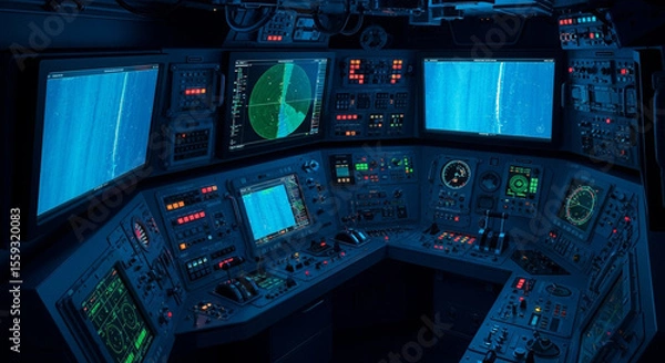 Fototapeta Sophisticated Navigational Control Panel Displaying Real-Time Sensor Data in a Darkened Bridge