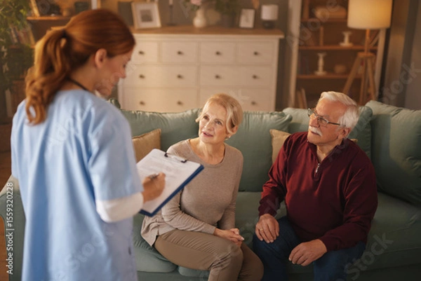Fototapeta In a brightly lit living room, a home nurse with clipboard discusses a care plan with an elderly couple sitting on a sofa. The senior woman and man listen attentively.