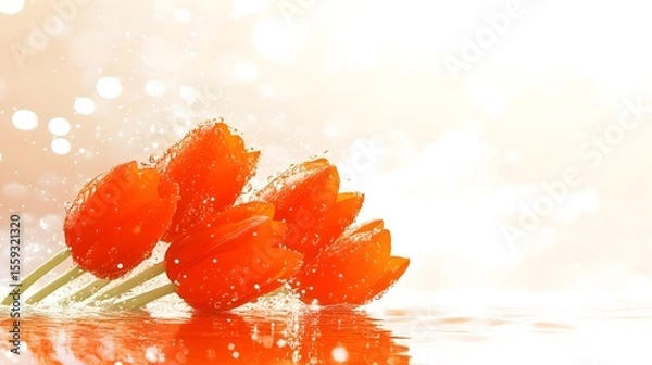 Fototapeta Orange tulips, water splash, bokeh background, spring greeting