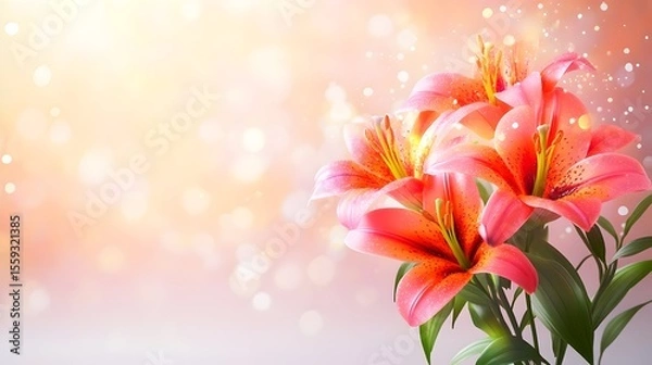 Fototapeta Peach lilies bouquet, spring bokeh background, greeting card