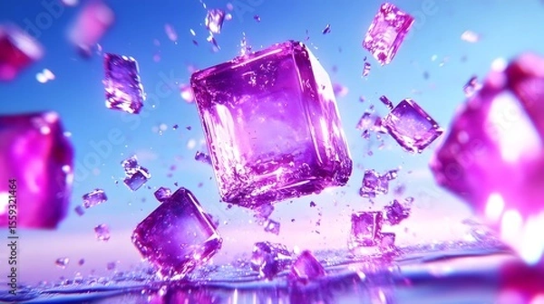 Fototapeta Purple crystals exploding, sky background, product design