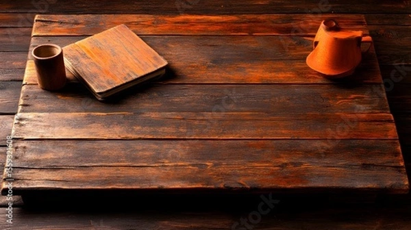 Fototapeta Rustic wooden table, book, mug, journal, dark background, product display