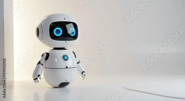 Fototapeta Small white robot with blue eyes stands on a white surface.