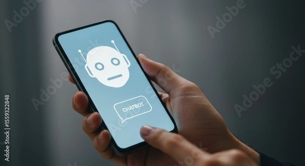 Fototapeta Hand holding smartphone with chatbot interface on screen against a gray background.