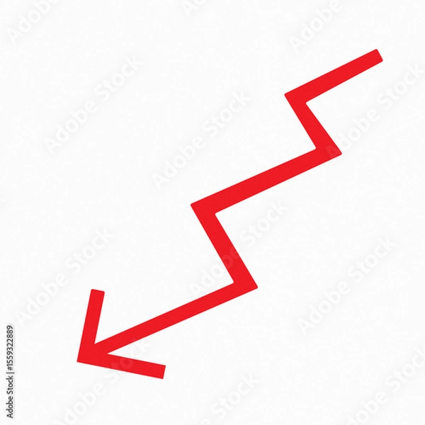 Fototapeta A red zig zag arrow points down isolated on white background