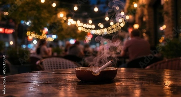 Fototapeta Burning Cigarette in Ashtray on Wooden Table at Night with Bokeh Lights