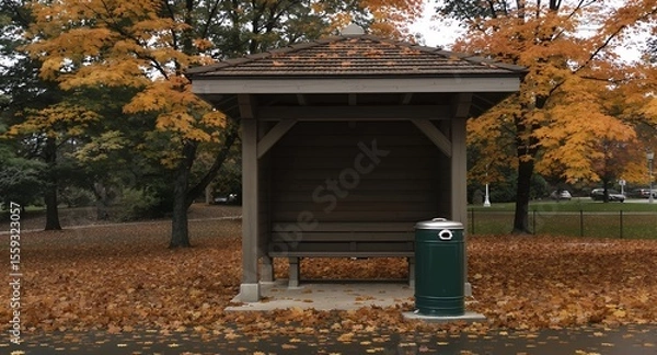 Fototapeta Autumnal Park Shelter with Bench and Trash Can