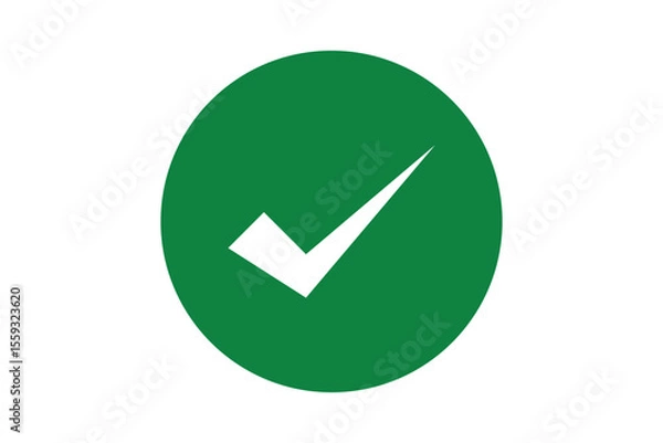 Obraz White right tick check mark icon vector on green circle over white background. flat style. tick icon for web site design, logo, app, UI design