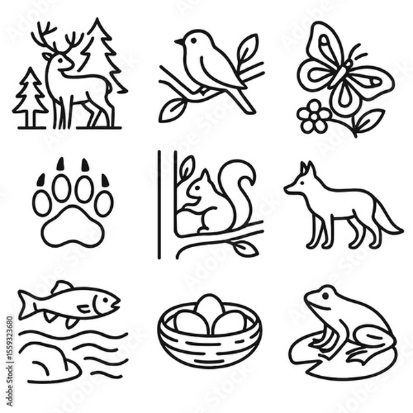 Fototapeta Line Style Wildlife Icons. Line style icons of wildlife and habitat: deer in forest, bird on branch, butterfly over flower, fish