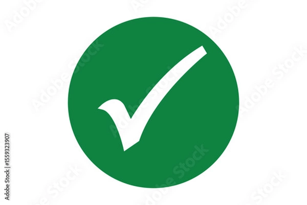 Obraz White right tick check mark icon vector on green circle over white background. flat style. tick icon for web site design, logo, app, UI design