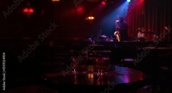 Fototapeta Two Drinks on a Table in a dimly lit Jazz Club