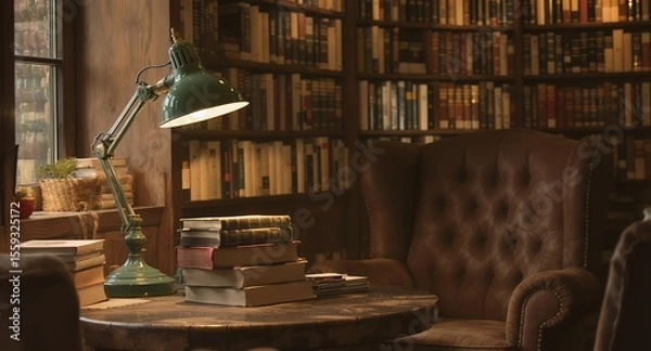 Fototapeta Cozy Reading Nook with Books and Desk Lamp