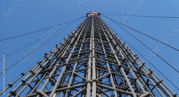 Fototapeta Tall structure with ropes and cables against a blue sky
