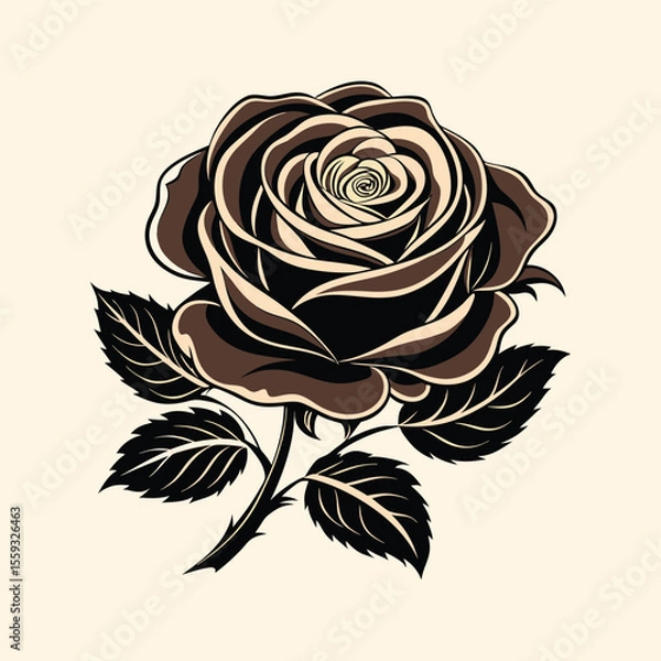 Fototapeta Silhouette of blooming rose with detailed petals, elegant floral vector for romantic, tattoo, and decorative design.