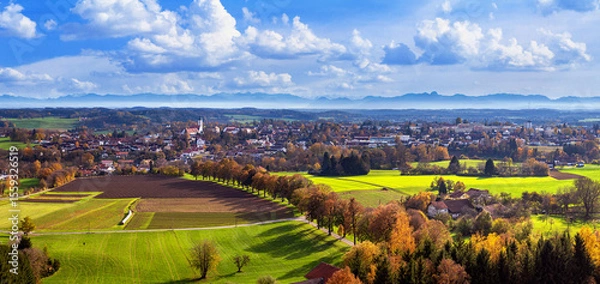 Fototapeta Autumn landscape, panorama, banner - panorama of the town of Ebersberg and its surroundings from the observation tower above the Ebersberger Alm on the Ludwigshohe hill, Bavaria, Germany