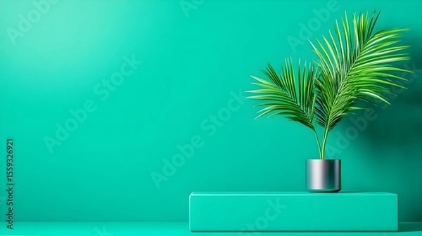 Fototapeta Teal backdrop, palm plant, product display platform