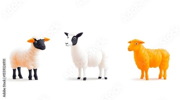 Fototapeta Three toy sheep, studio shot, white background, farm animals