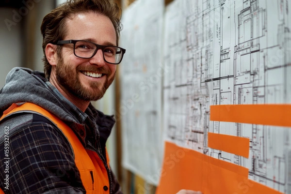 Fototapeta A smiling man wearing glasses and an orange vest stands in front of architectural blueprints. Concept of construction planning. For project management photo.