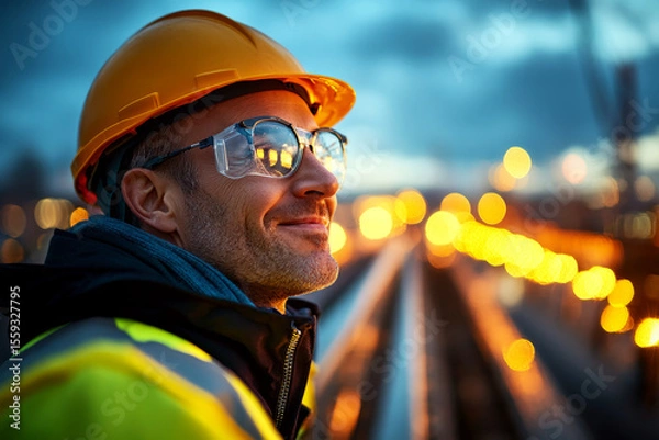 Fototapeta Man wearing safety helmet and goggles smiles on a construction site at dusk with blurred lights in the background. Concept of construction worker happiness. For promoting construction safety.