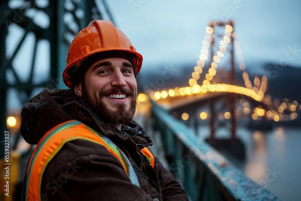 Fototapeta A man in a hard hat and reflective vest smiles on a bridge at dusk, with lights glowing in the background. Concept of construction work and safety. For advertising engineering careers.