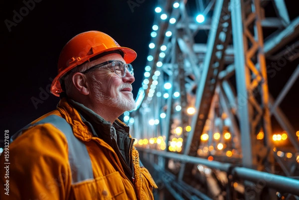 Fototapeta A man wearing an orange hard hat and jacket is looking up with a smile against a backdrop of lit construction beams at night. Concept of construction at night. For showcasing construction safety.