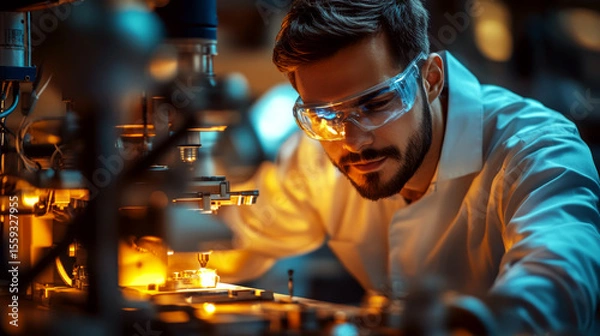 Fototapeta A scientist wearing goggles focuses intently while working with complex equipment, illuminated by warm lights. Concept of technology and precision. For scientific research photos.