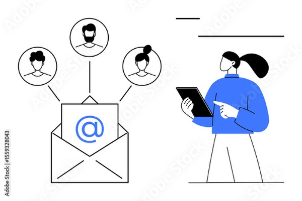 Obraz Envelope with at-sign and human profiles representing email networking. Woman points at tablet, symbolizing digital communication, teamwork, audience outreach. Ideal for innovation, strategy