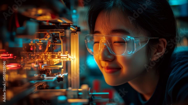 Fototapeta A young person wearing safety goggles closely examines electronic components, smiling with interest. Concept of curiosity and innovation. For education content.