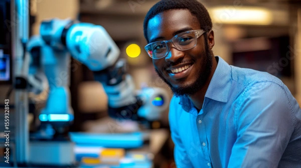 Fototapeta A man wearing glasses and a blue shirt smiles beside a robotic arm in a modern lab. Concept of technology and robotics. For tech innovation and workplace content.