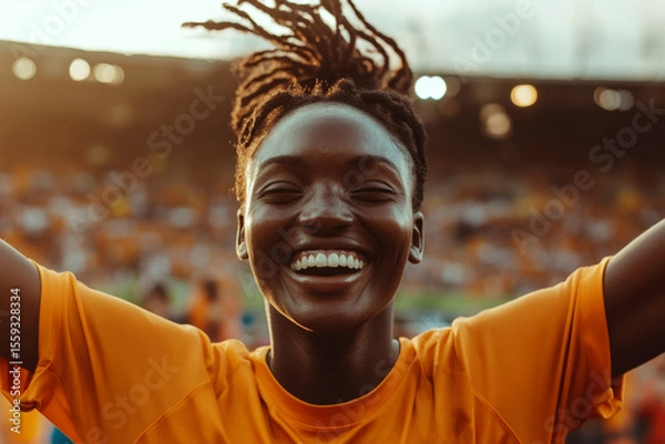 Fototapeta Smiling person wearing an orange shirt in a stadium, arms raised in joy. Concept of happiness and celebration. For sports event advertisement.