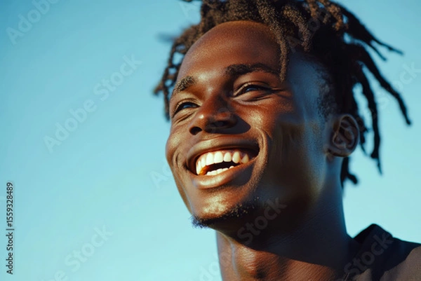 Fototapeta Joyful person smiling under clear blue sky, with sunlight highlighting features. Concept of happiness and positivity. For promoting positive emotions.