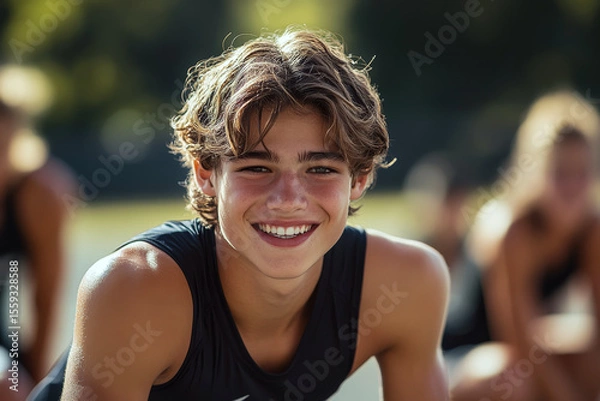 Fototapeta Young person smiling outdoors in athletic wear, with a blurred background. Concept of youth and joy. For youth lifestyle photo.
